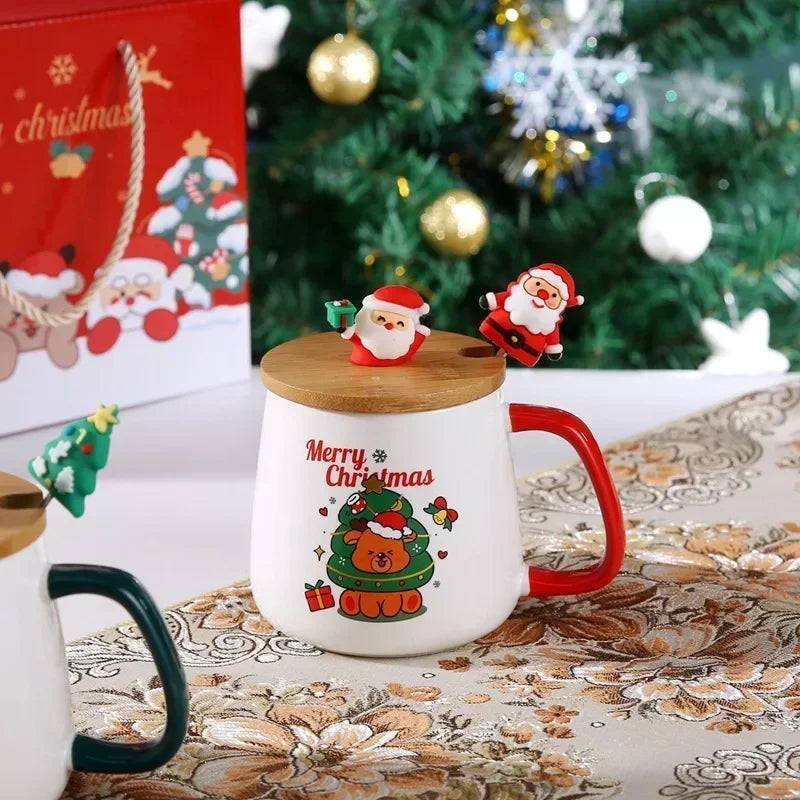 New Year Festive Christmas Xmas Theme Ceramic Mug Cup Set with Spoon and Lid Christmas Gift Box Mug Milk Coffee Tea Breakfast