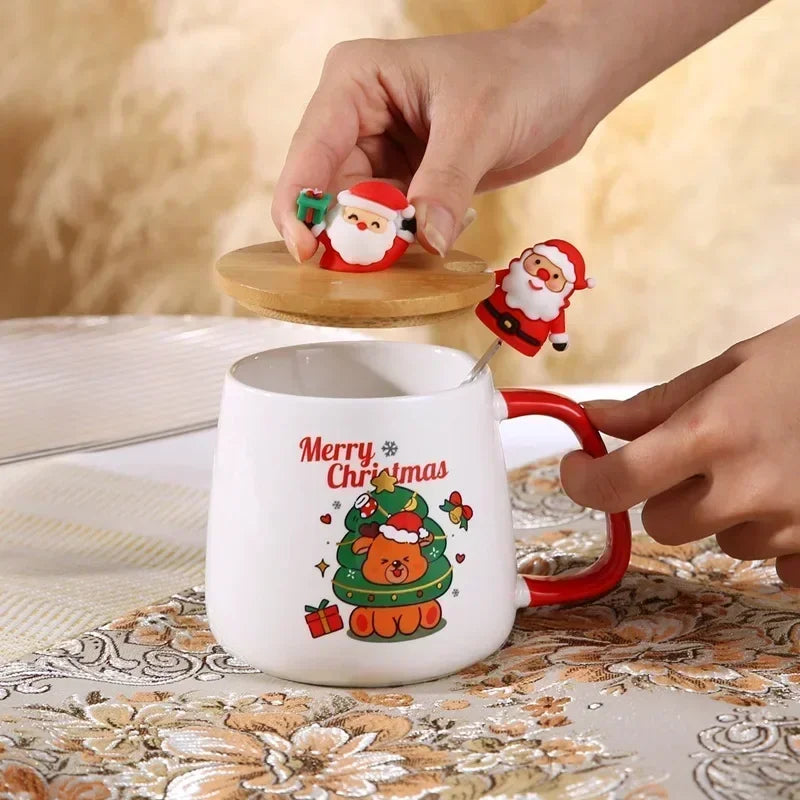 New Year Festive Christmas Xmas Theme Ceramic Mug Cup Set with Spoon and Lid Christmas Gift Box Mug Milk Coffee Tea Breakfast