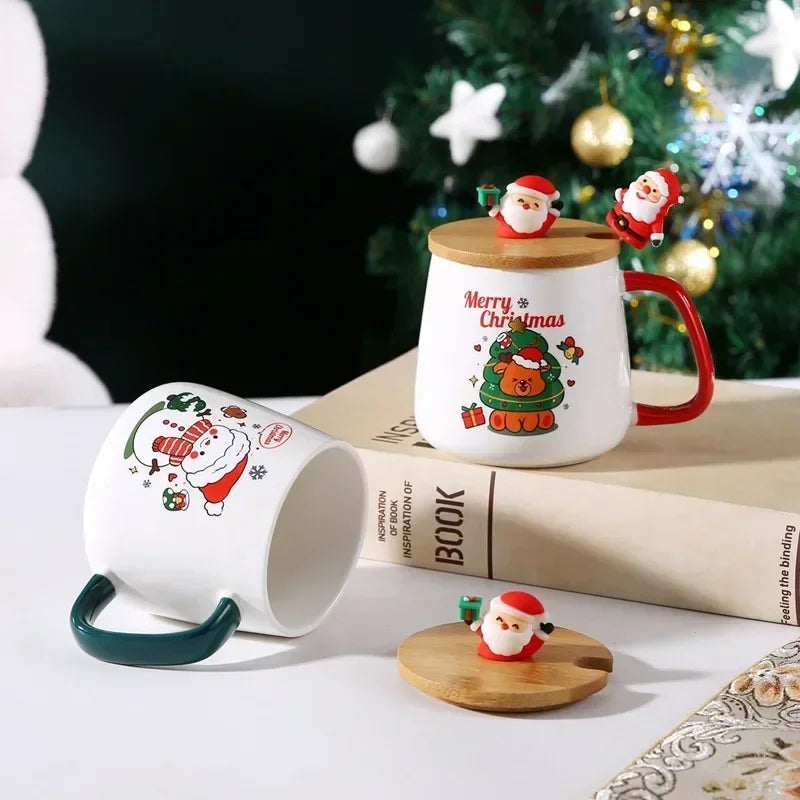 New Year Festive Christmas Xmas Theme Ceramic Mug Cup Set with Spoon and Lid Christmas Gift Box Mug Milk Coffee Tea Breakfast