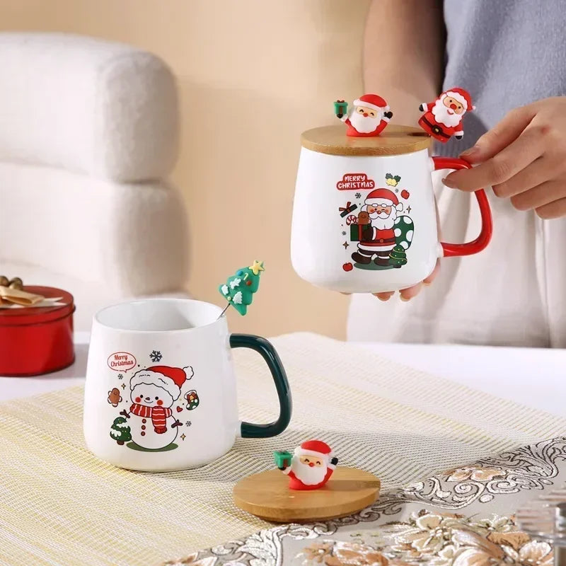 New Year Festive Christmas Xmas Theme Ceramic Mug Cup Set with Spoon and Lid Christmas Gift Box Mug Milk Coffee Tea Breakfast